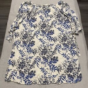 Francesca Bettini‎ Linen Dress XL Ivory Blue Floral Print Tie Sleeve Lagenlook